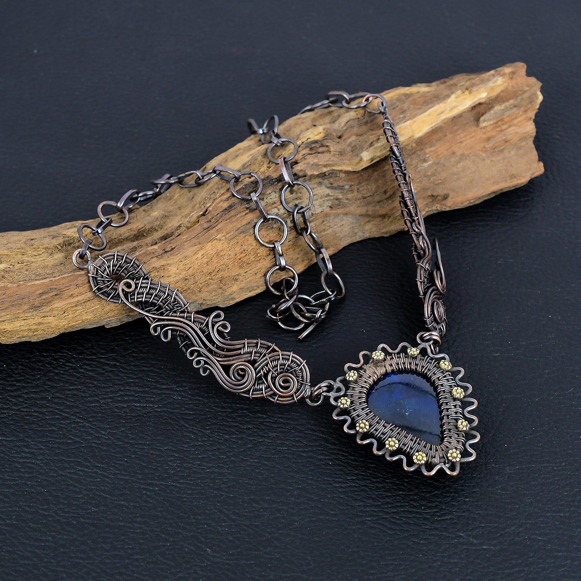 

Labradorite 999 Copper Wire Wrapped Necklace Adjustable, Chain Necklace Handmade Gemstone, Gift For Mom Antique Jewelry