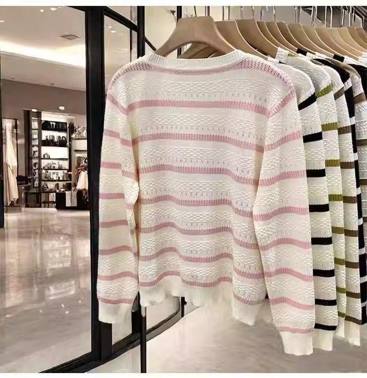 Korean Style Striped Hollow Loose Knit Sweater for Women – 2026 Long Sleeve Lightweight Inner Layer
