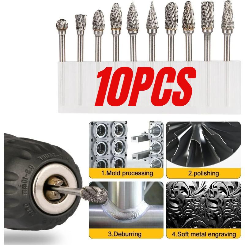10pcs/set Tungsten Carbide Rotary Burr Set Carving Burr Bits with 3mm Shank 6mm Bit for Wood & Stone Carving, Steel Metal Working