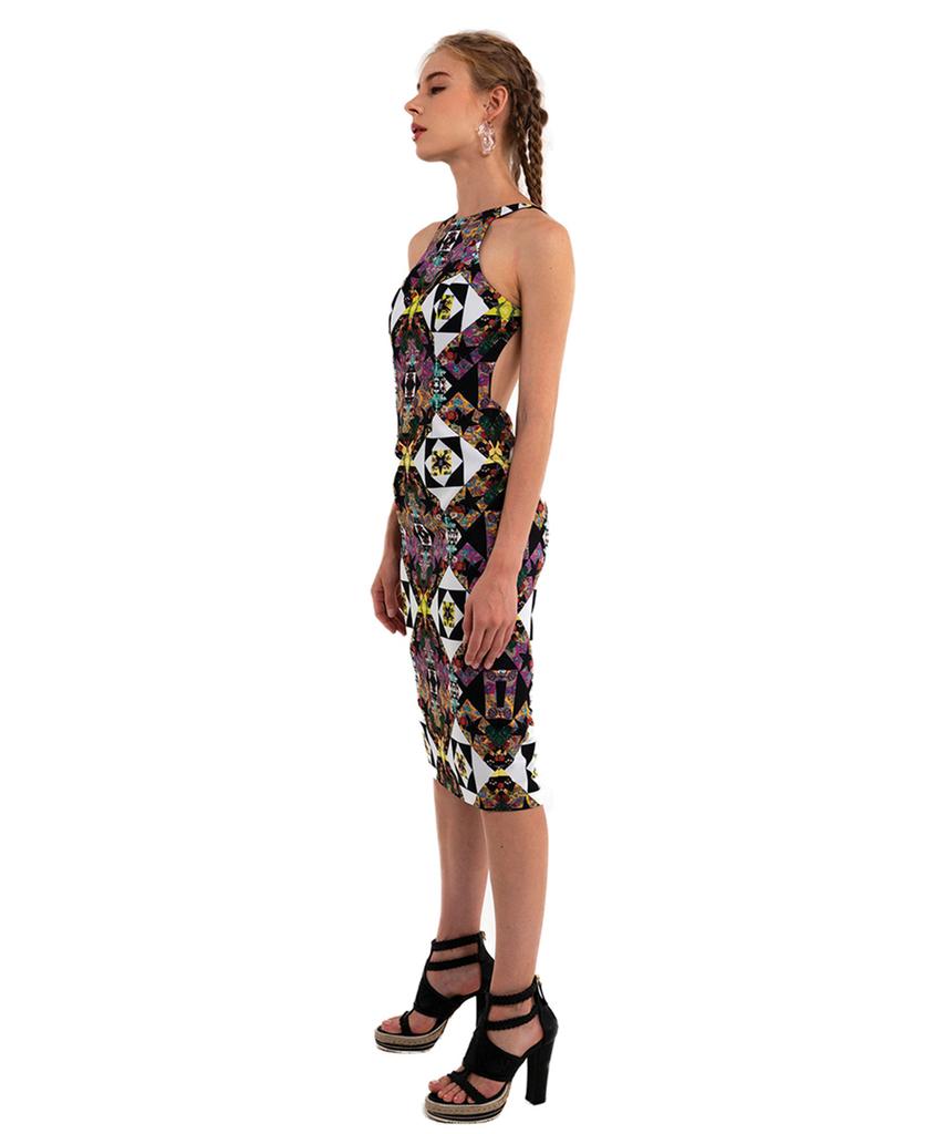 GREEDILOUS Black Geometric Halter Neck Dress
