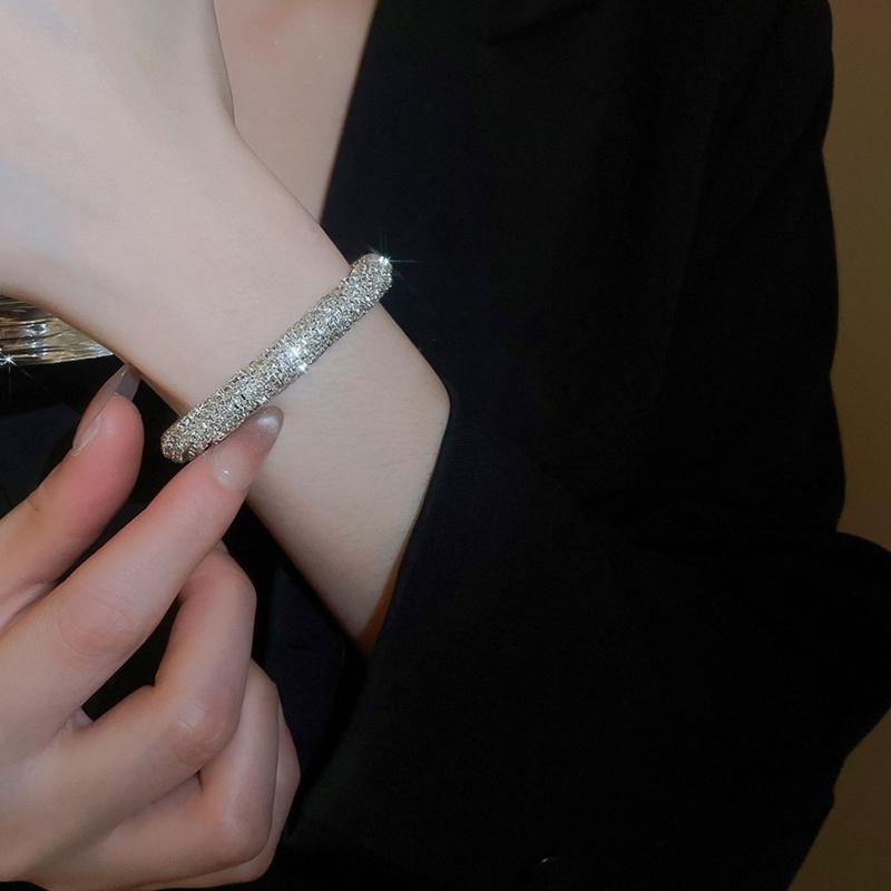 Sparkling Rhinestones Threaded Round Open Bangle Bracelet Adjustable Metal Wrist Jewelry Gift For Women Lady