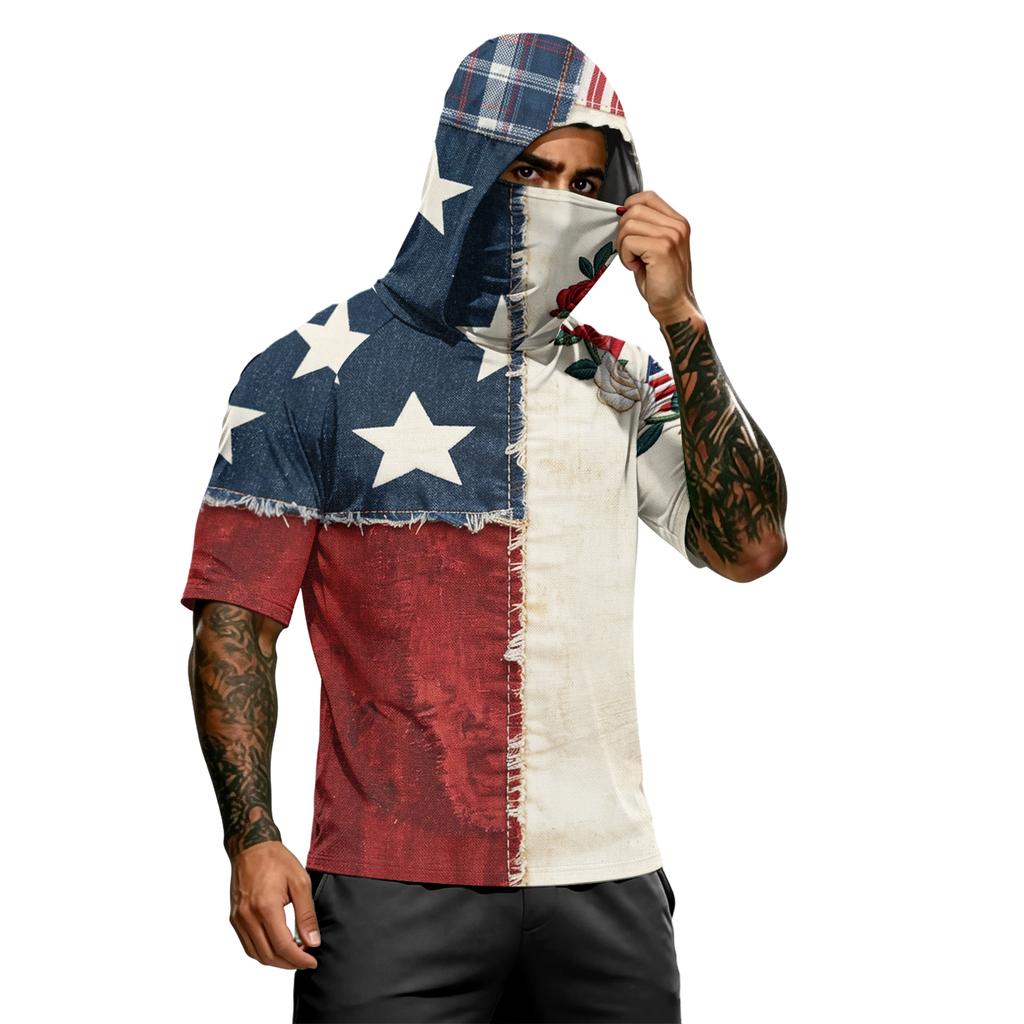 Men's Summer Independence Day Color Block Quick Dry Short Sleeve Tee, UPF 0+ UV Block Fishing & Sports Sun Hoodie