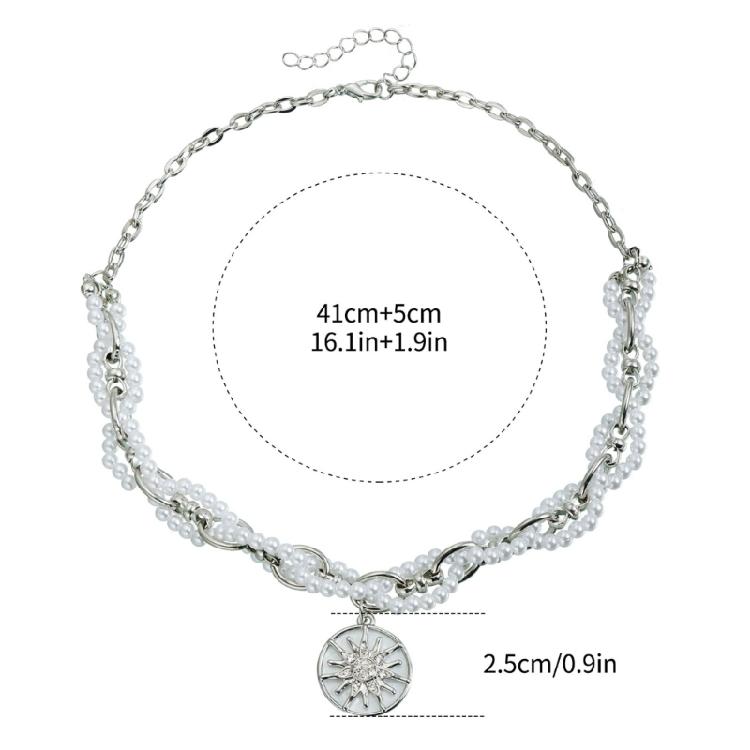 Celestials Inspired Layer Chain Necklace With Crystals Accent Imitation Pearls Clasp Adjustable Length