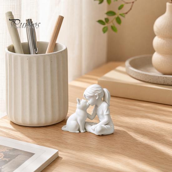 Girl Cat Sculpture 3D Printed and Statue, Cute with Kitty Figurine Resin Desktop Decor, Modern Art High-end Texture Ornament for Home Office