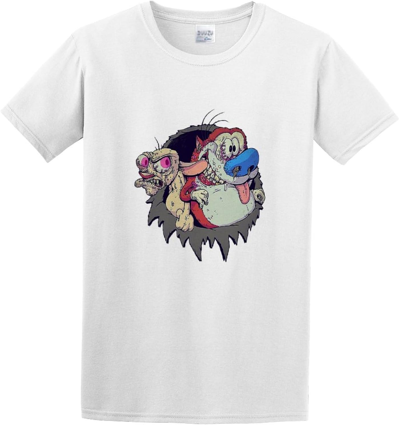 Men s T-Shirt Feel Soft Ren and Stimpy Art The Ren and Stimpy Show Twin Needle Sleeves and Hem White L