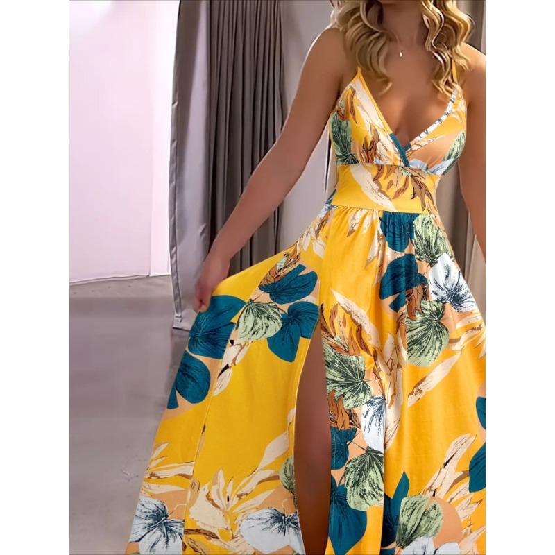 Summer Fashion Women's Halter V-neck Leak Back Tie Slit Long Dresses