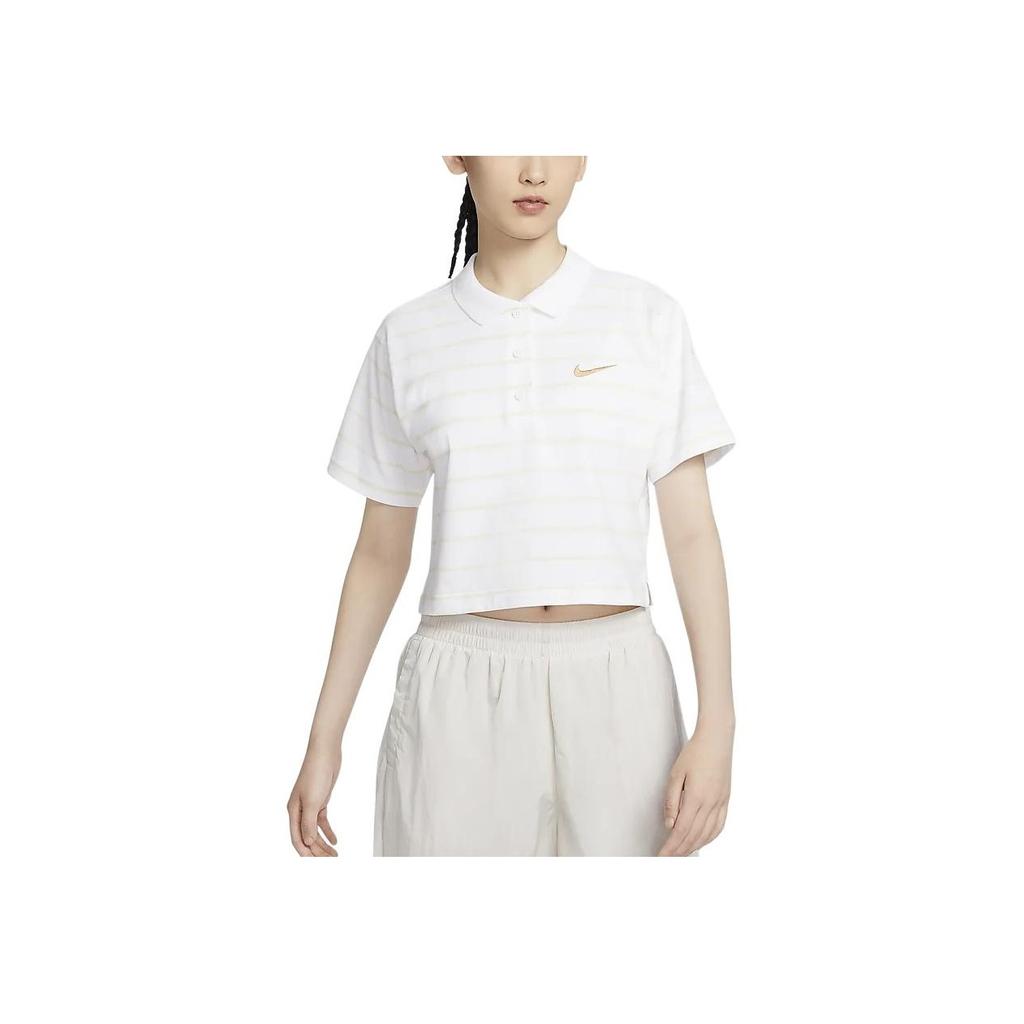 Nike Sportswear Logo Embroidered Striped Pattern Polo Neck Short Sleeve Drop Shoulder T-Shirt Women T-Shirts White HM4649-100
