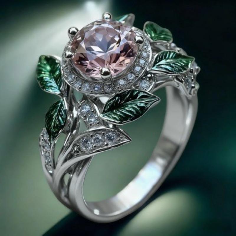 Delicate Bright Pink Zircon Lady Green Leaf Oil Drop Flower Plant Ring Gift