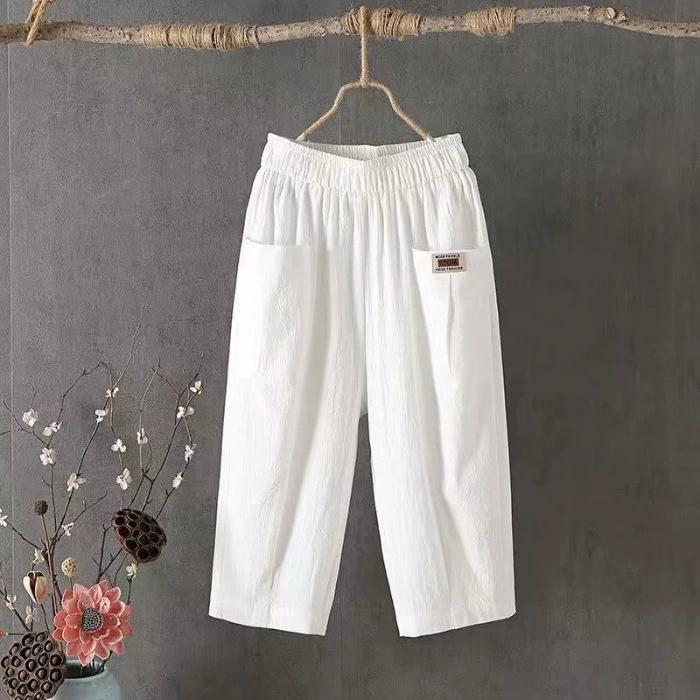 Cotton Hemp Cropped Pants Women's Summer Loose Plus Size Linen Elastic Waist Haren Pants