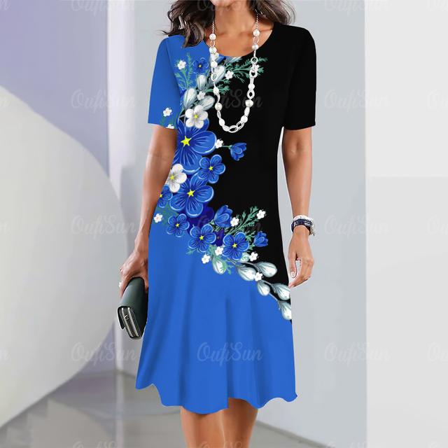 Elegantes Kurzarmkleid Damenbekleidung Blumendruck O-Ausschnitt locker Streetwear Sommerkleid