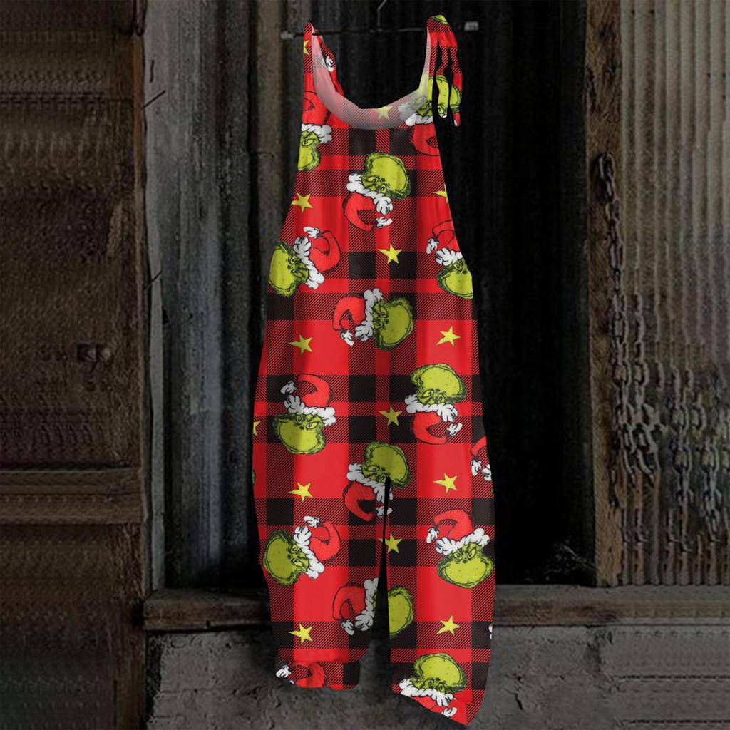 Damski kombinezon z nadrukiem Halloweenowym, casualowy, luźny, vintage, na ramiączkach, bawełniano-lniany