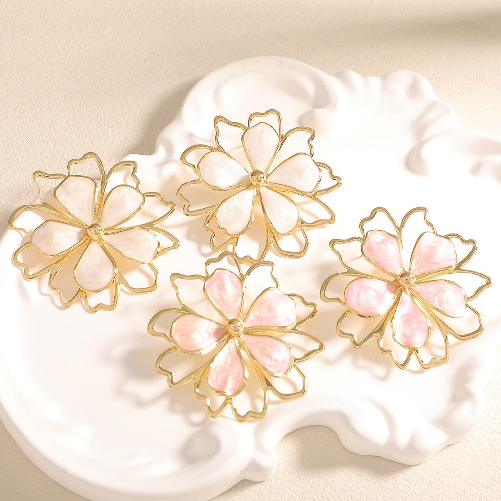 New oil flower earrings simple design sense hollow double-layer petal earrings temperament stud earrings jewelry