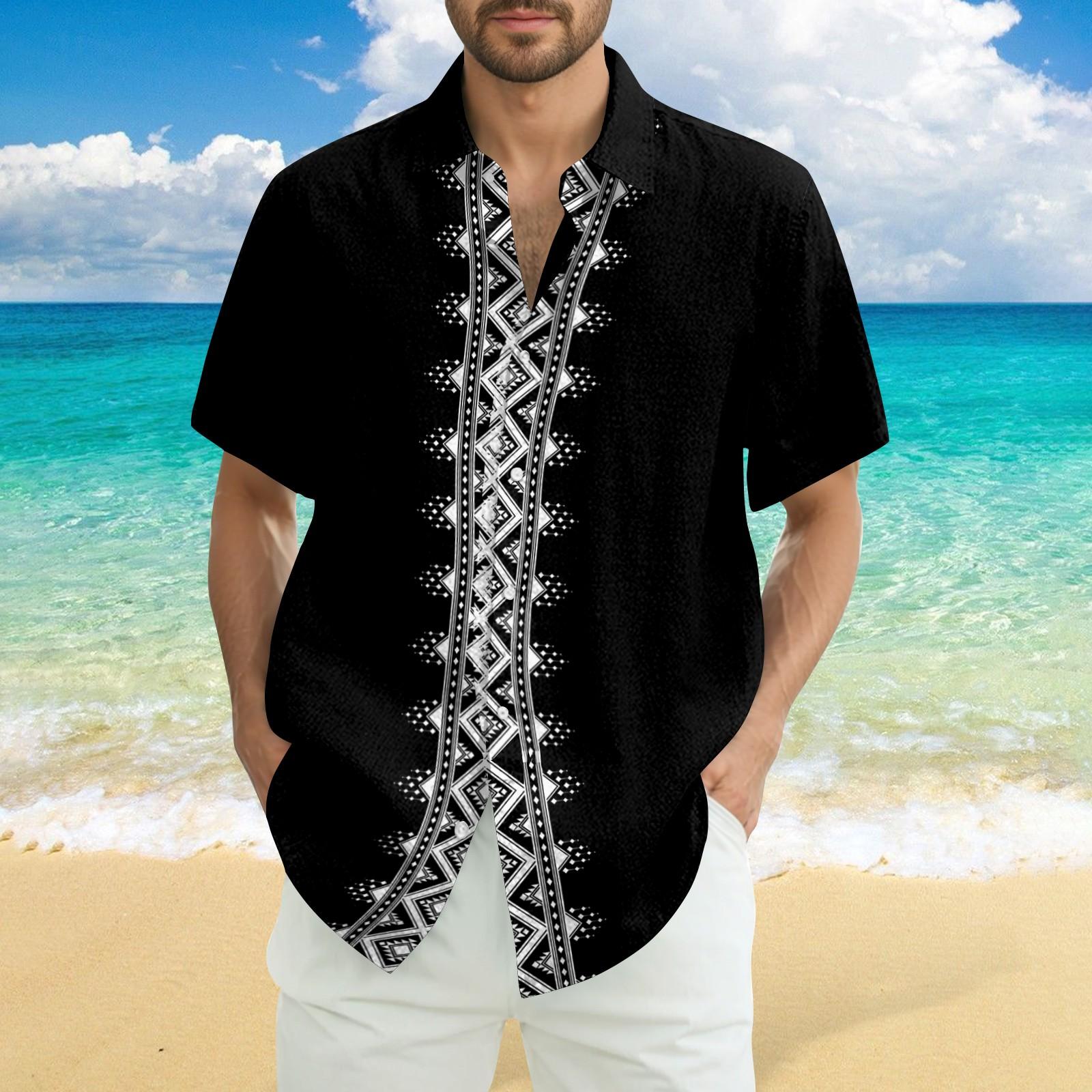 Men s Fashionable Casual Loose Striped Printed Beach Short-sleeved Shirt L