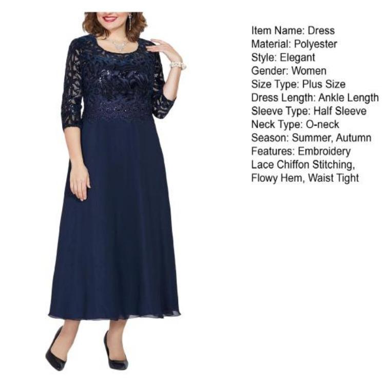 Evening Dress Plus Size Lace Embroidery Chiffon Patchwork A-Line O-Neck Half Sleeve High Waist Flowy Hem Long Dress Female Clothing