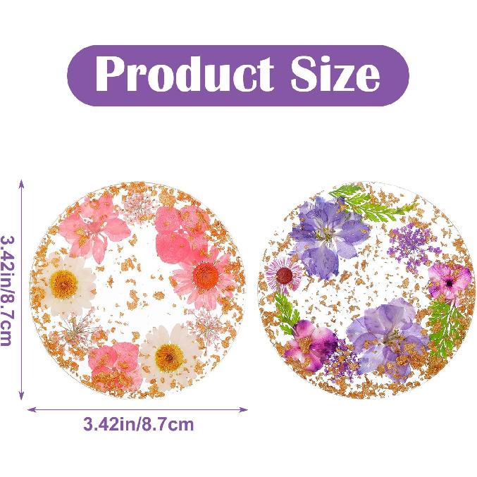 2pcs Floral Coasters Cute, 8.7cm/3.4Inch Non-Slip Resin Flower Coasters, Desk Coaster Set for Office Women, Cute Coaster for Drinks Coffee Table