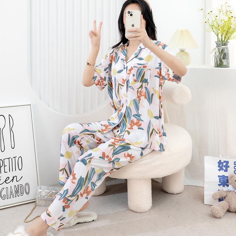 Cotton and silk pajamas women's spring and summer short-sleeved large-size suit spring and autumn thin cartoon printed loungewear