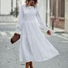 Women O Neck Puff Sleeve Solid Color High Waist Temperament Midi Swing Dress