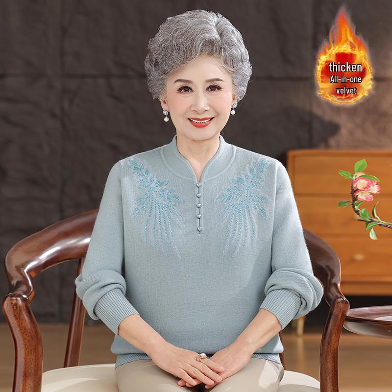 Cozy Winter Sweater for Elderly Women: Velvet-Lined, Half-High Collar, Stylish Base Layer for Autumn.