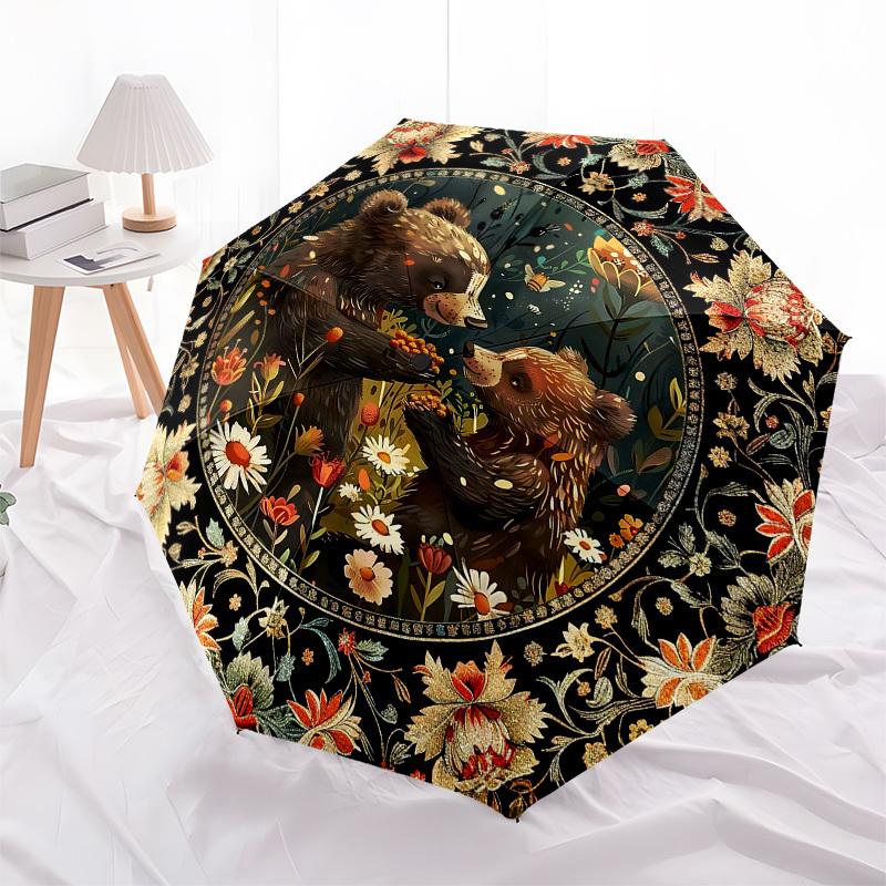 Bears, FloralThemed Automatic Opening and Closing Umbrella 8 Ribs, Suitable for Leisure and Going Out, Outdoor Accessory, Gothic Style, Fa