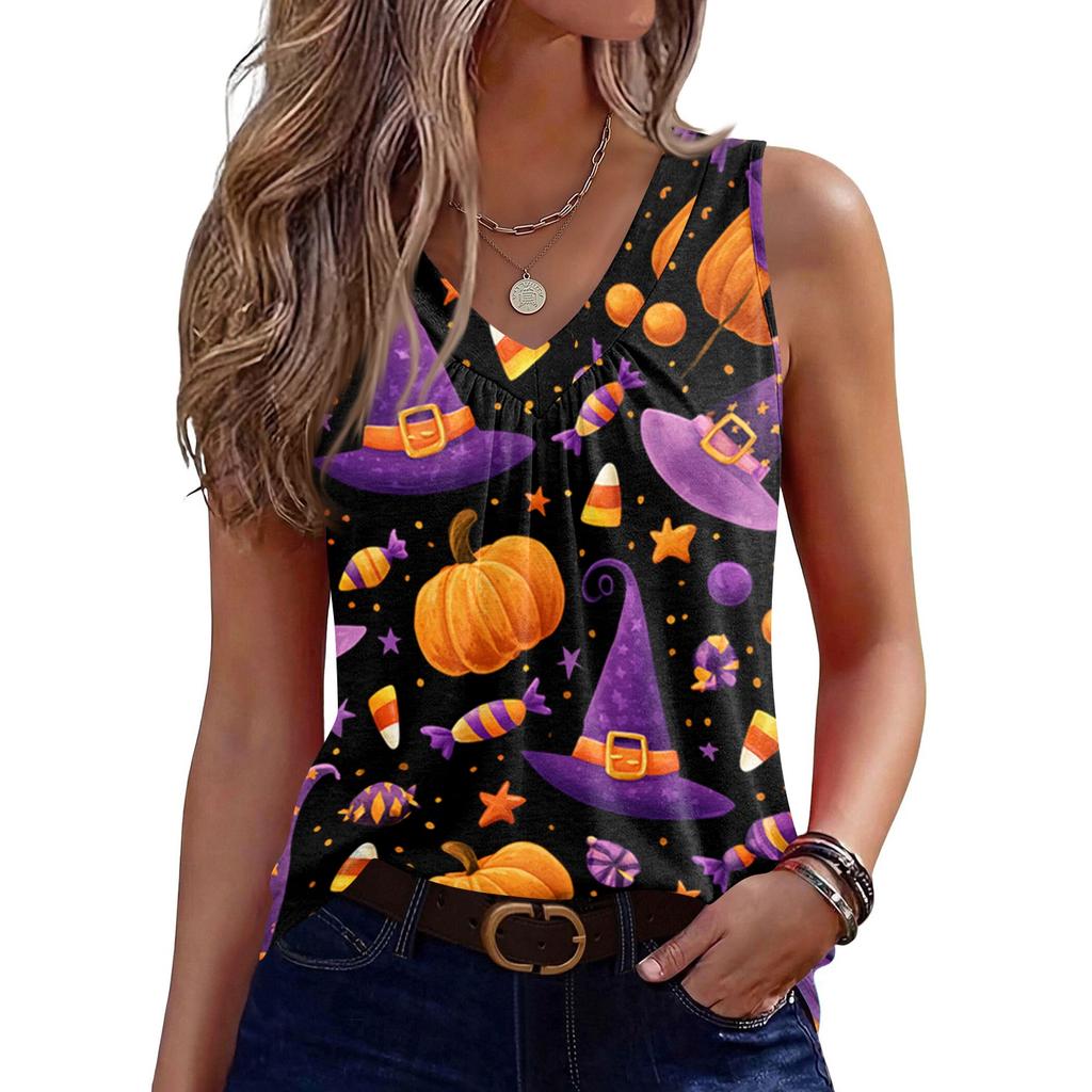 Women's Halloween Print V-Neck Sleeveless Tank Top