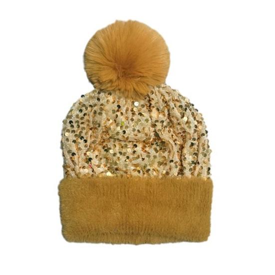 Women Knitting Hat Plush Ball Decor Shiny Sequins Decor Brimless Hat Winter Warm Furry Bucket Hat Headwear