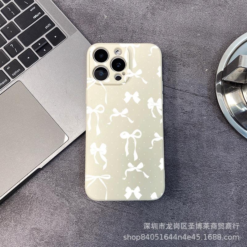 White bow is suitable for iPhone15 mobile phone case 14PROMAX all-inclusive 13/11 anti-drop 16/15 protective case 17.