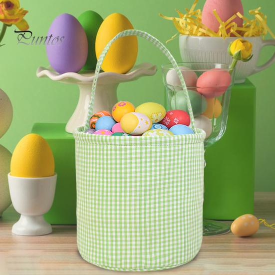 Gingham Easter Bucket for Kids Nursery Storage Bag New Baby Gift Basket with Handle for Easter Egg Hunts Parties