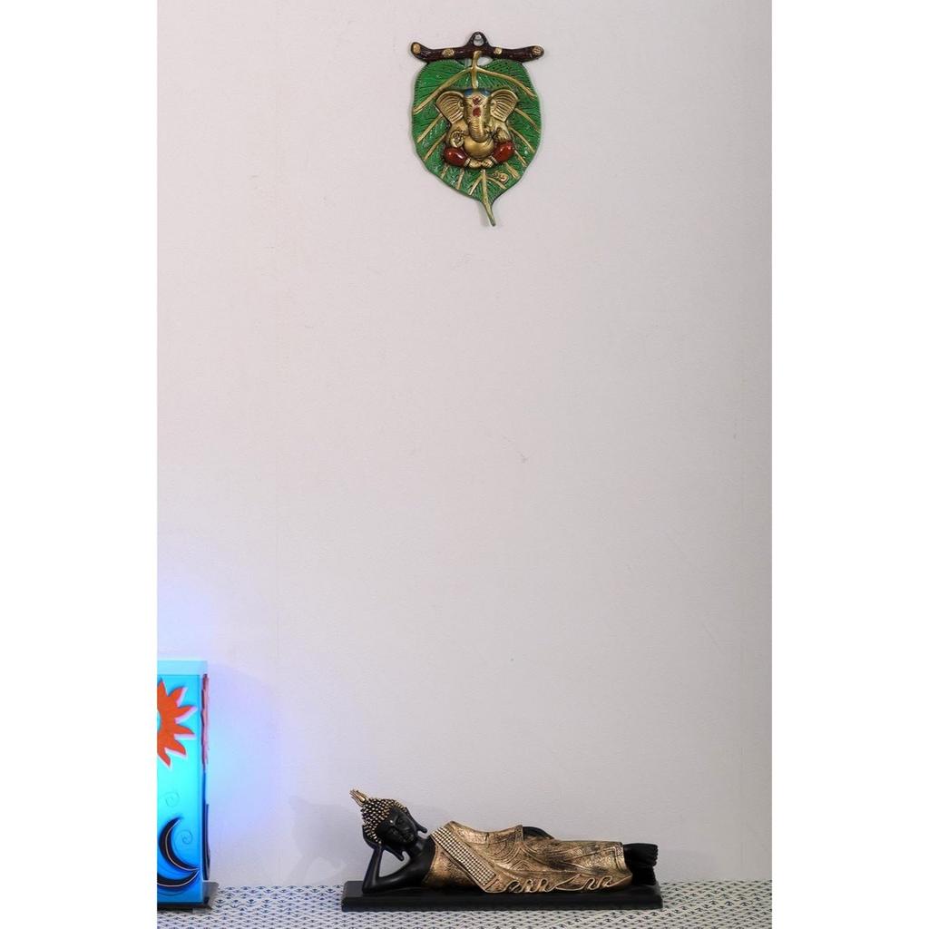 Metal Golden Lord Ganesha In Red Dhoti On Green Leaf Ganesha Wall Hanging | Decorative Showpiece for Wall Decor