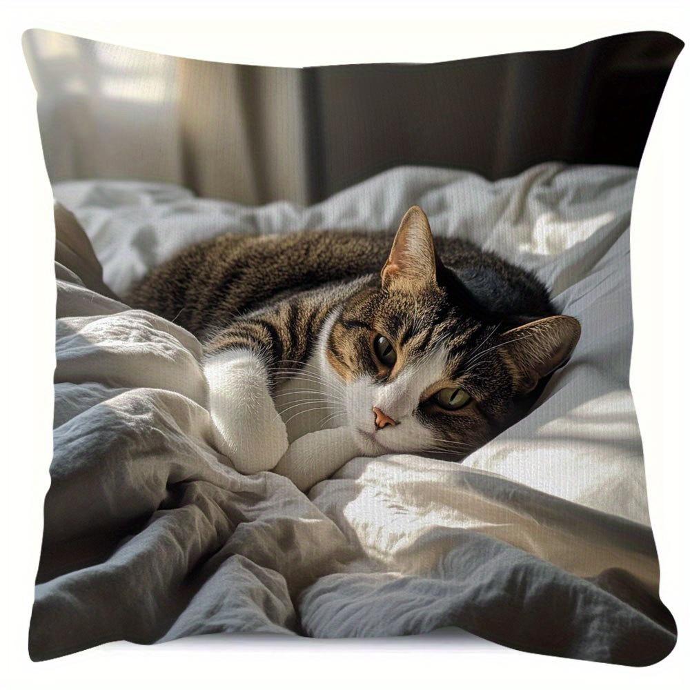 Cozy Tabby Cat Sleeping Pillowcase, Realistic Pet Photo Cushion Cover, Soft Home Decor for Living Room Bedroom Sofa