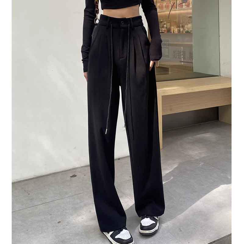 Petite High Waist Gray Drawstring Sweatpants for Women - Loose, Slimming, Wide Straight Leg, Casual Joggers