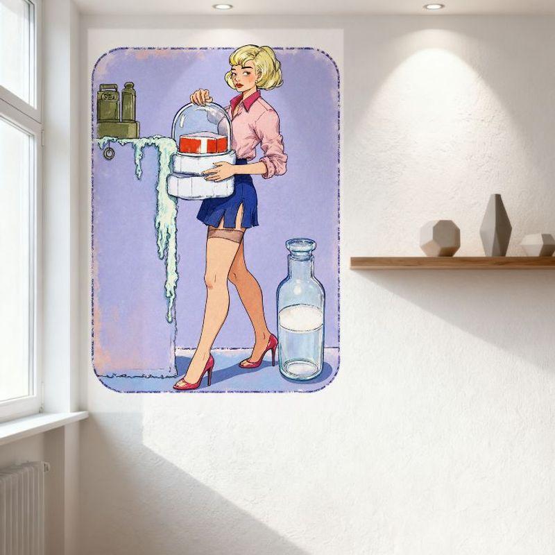 Sexy Retro Blonde Woman In Pink Shirt Dark Blue Skirt High Heels Vintage Surreal Art Tin Sign for Bar Home Decor, 8x12 Inch Meta