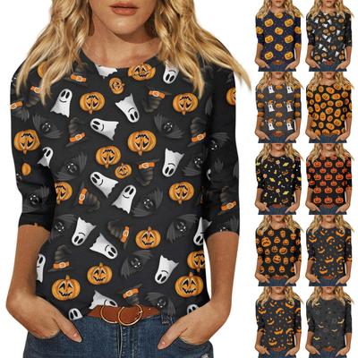 Women's Fashion Casual Round Neck 3/4 Sleeve Loose Halloween Printed T-Shirt Ladies Top