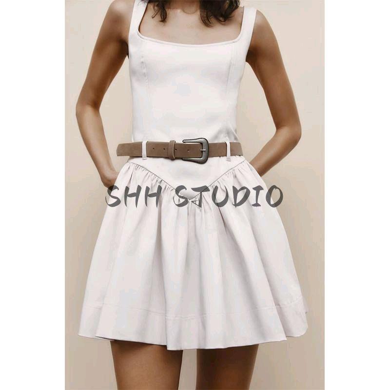 Spring New Women's Clothing American Pure Desire Style with Belt Silm Sleeveless Sling Short Dress 2180326