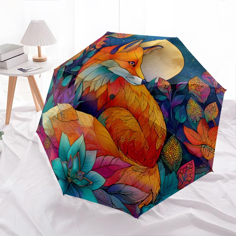 0106 Leaf Fox  Pattern, Automatic Folding Umbrella, Portable and Foldable Design, 8 Ribs, a Christmas or Birthday Gift.