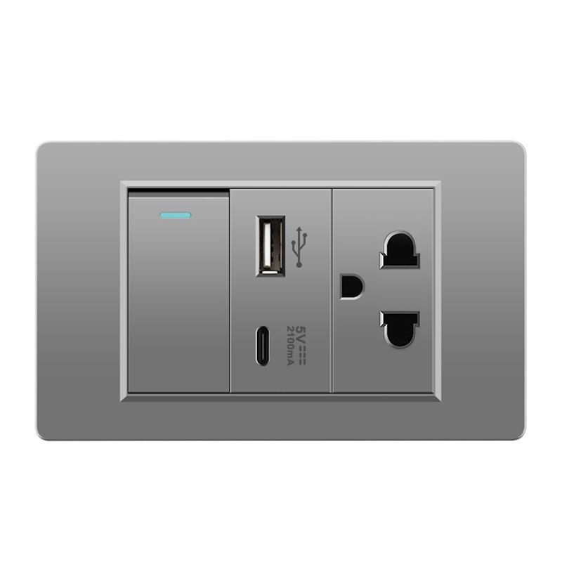118 Type Switch Six-Hole Gray Wall Socket with Type-C 20W, Thai Style & PC Panel, Taiwan Socket