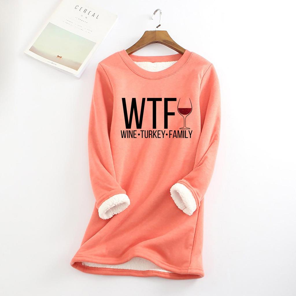 Ladies Thickened Wine Turkey Family Thanksgiving Funny Family Fleece Sweater  Warm O-Neck Underwear Top