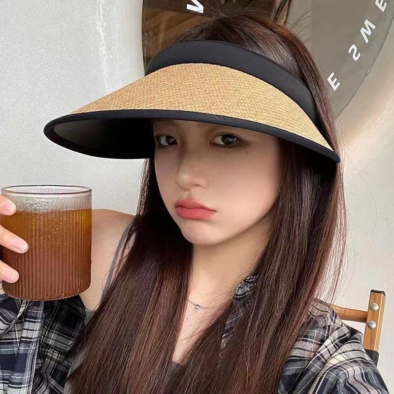 WTEMPO Women's Summer Solid Color Sunscreen Hats Wide Brim Holiday Travel Hollow-out Breathable Empty Top Sun Hats