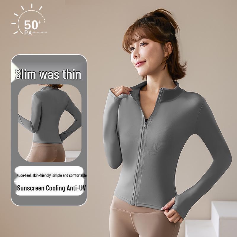 Women's Quick-Dry Zip-Up Sports Jacket with Stand Collar and Long Sleeves for Running and Yoga