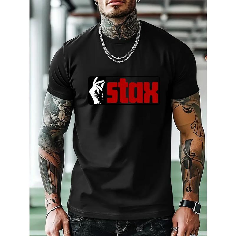 

Men S Casual Athletic T-Shirt with Bold stax Graphic Print - Short Sleeve Crew Neck, Summer Outdoor Wear, Black with Red & White Design S чёрный