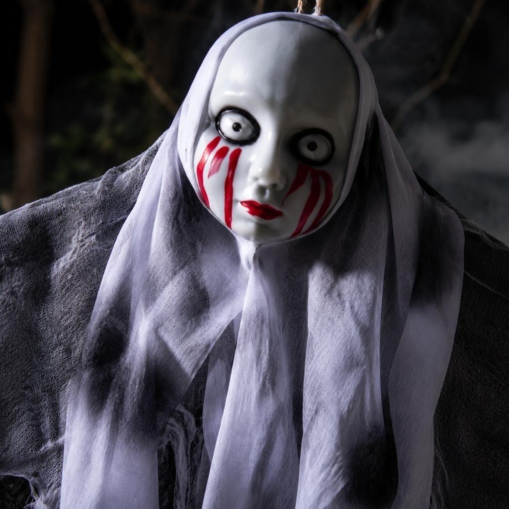 Hanging Ghost Halloween Decoration Prop Haunted House Scene Accessory with Hooded Design and Tattered Fabric Strips for Indoor Outdoor Use