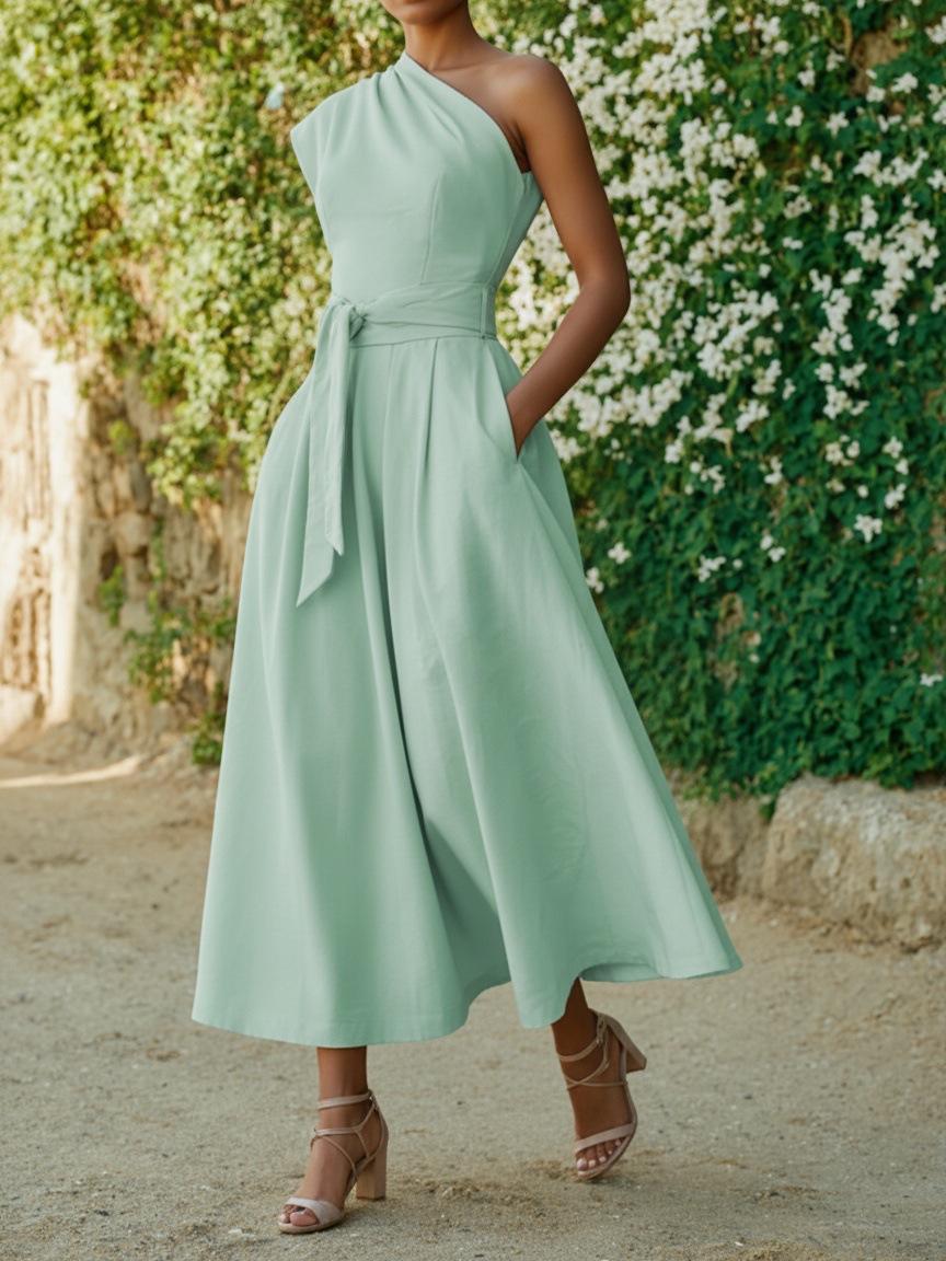 Elegant Asymmetrical Neckline Sleeveless Dress with Waist-Cinching Design for Women S озеро синий