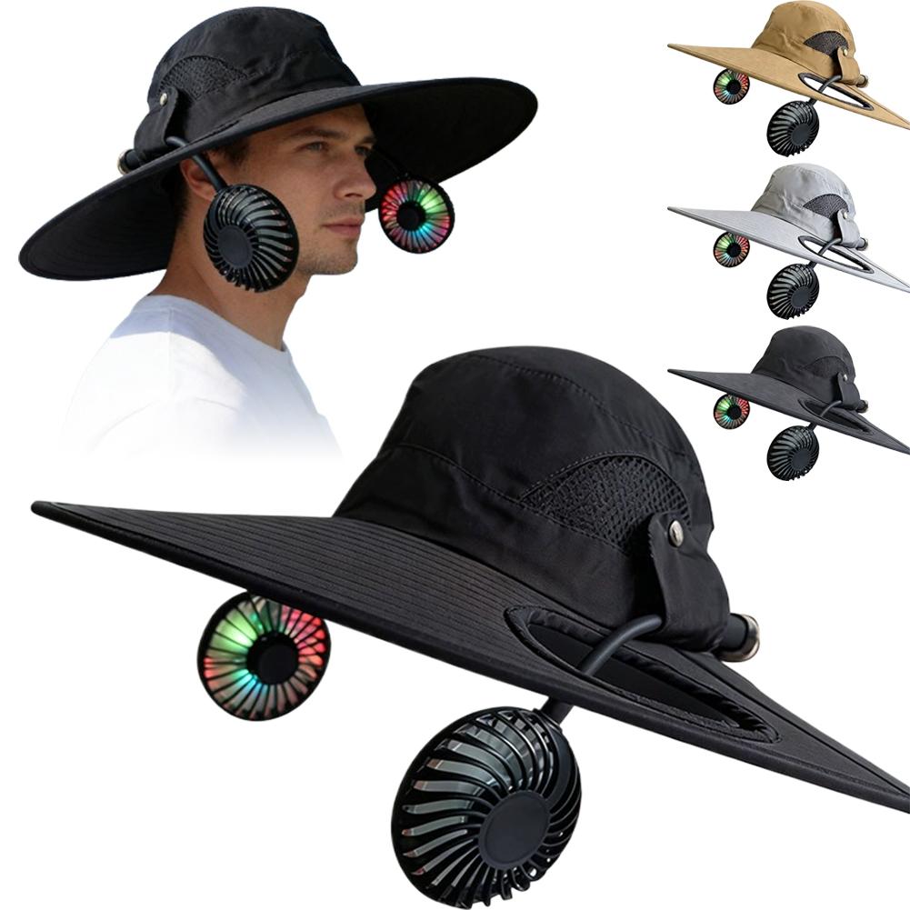 Summer Mens Wide Brim Solar Fan Hat Outdoor Protection Sun Hats With 2 Solar Fan Hiking Fishing Solar Powered Visor Cap Dropping