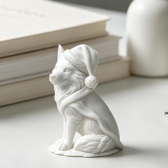 Creative Christmas Gift 3D Printed Wolf Figurine, Cute Animal Statue with Santa Figurine Hat And Scarf for Tabletop, Mantel Shelf Home Office