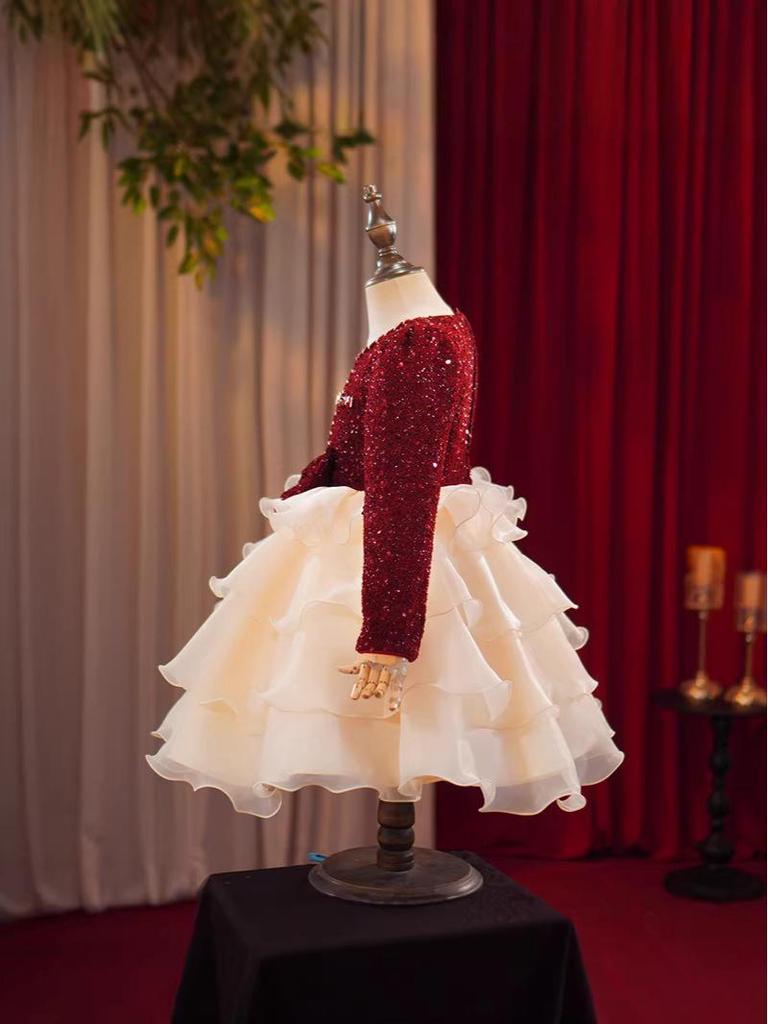 Girls' Wine Red Sequin Skirt with Bow & Tulle - Autumn/Winter Formal Christmas Dress