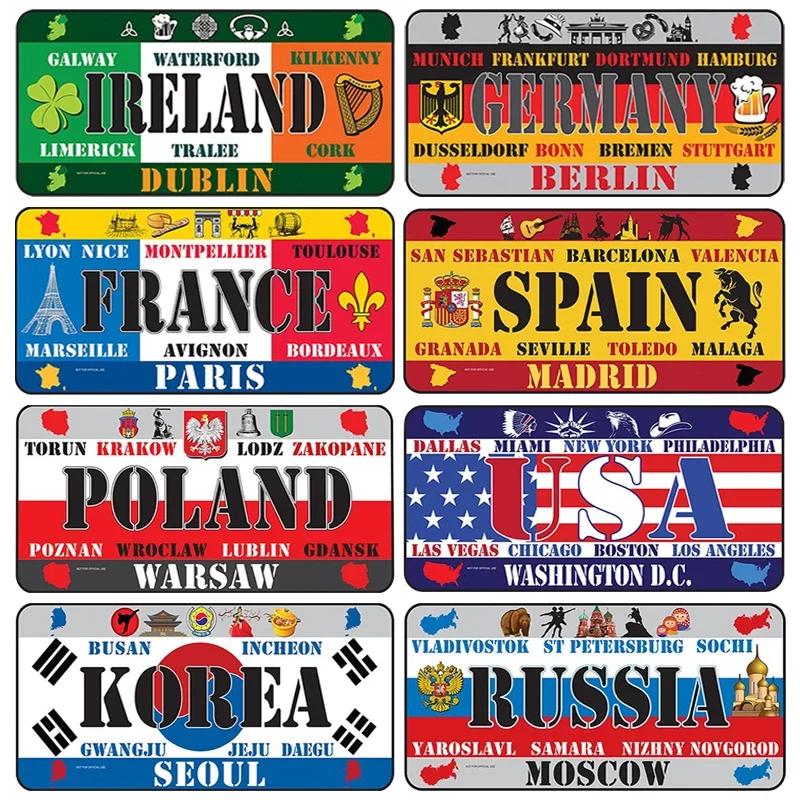 National Flag Metal Tin Sign Vintage Poster France Spain USA License Plate for Bar Home Restaurant Wall Decor 15x30cm