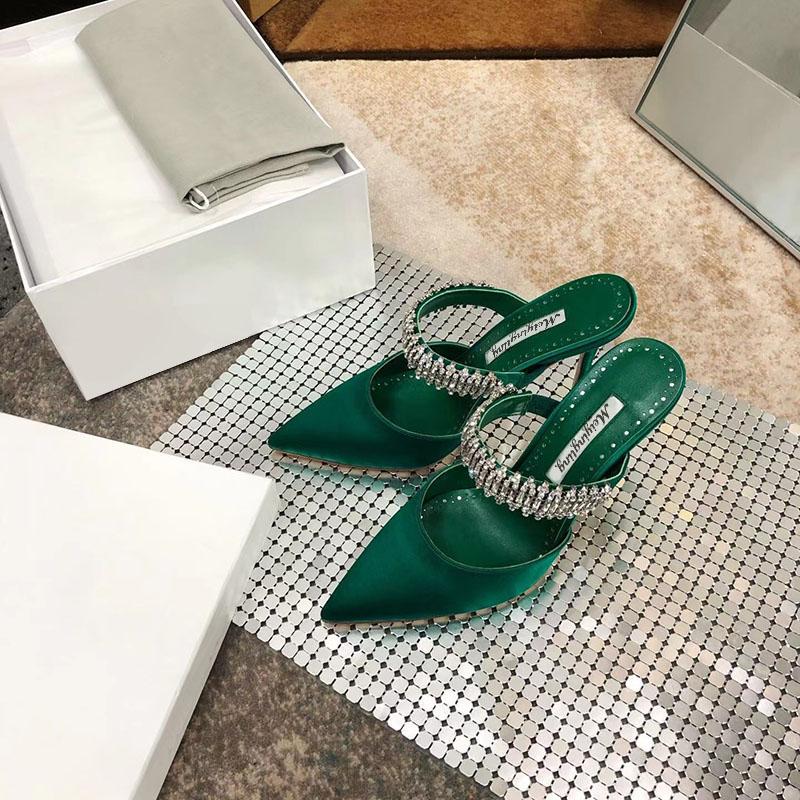 Pointy Pinheel Rhine-Diamond Chain Satin Top High Heels Mullers Pinheel Green Wedding Shoes Flat Bridesmaid Shoes