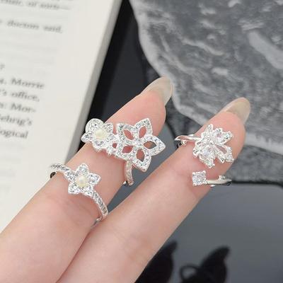 Super Fairy Full Diamond Zircon Hollow Flower Maple Leaf Five-Pointed Star Bead Opening Ring Niche High-End Ring