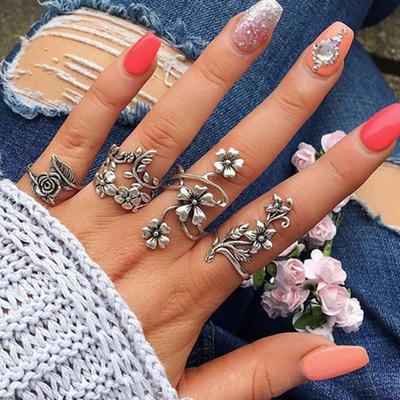 4Pcs/Set Vintage Carved Rose Flower Leaf Knuckle Ring Set Ancient  Hollow Flowers Vine Leaves Finger Rings Set