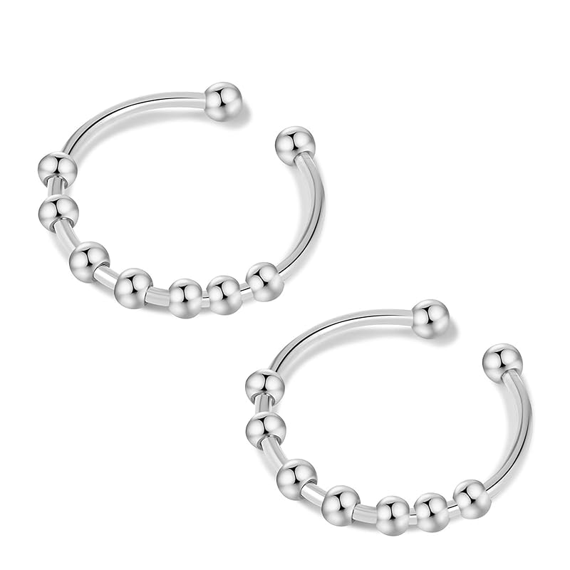 

[VitalBloom] ring stainless steel with beads ring spinner movable runner jewelry Uni adjustable rotate unisex (Silver 2 piece set)