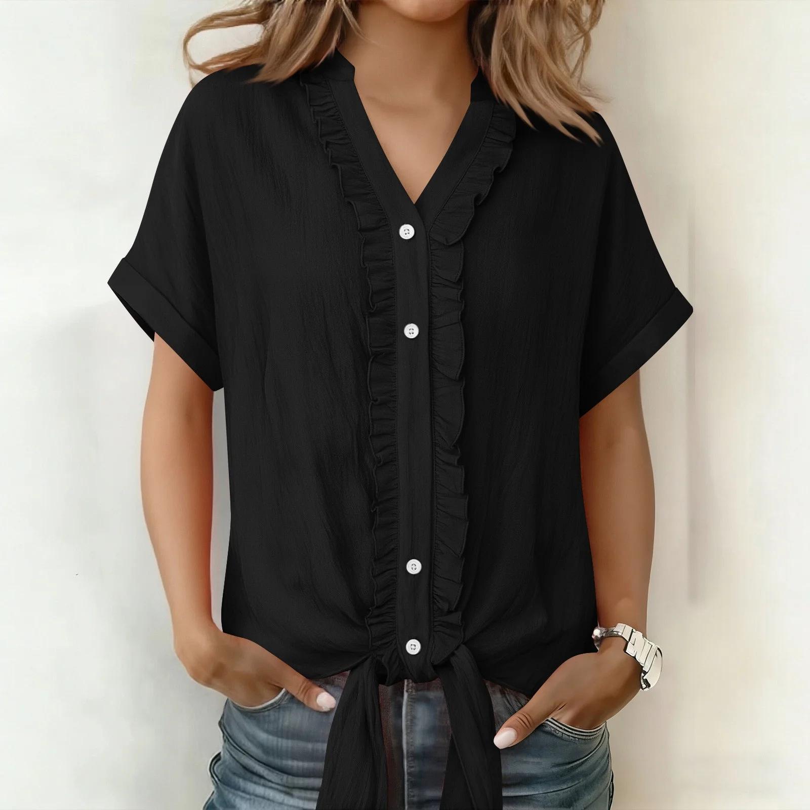 Women s V Neck Ruffle Trim Short Sleeve Blouse Tie Knot Front Casual Button Down Shirt S чёрный